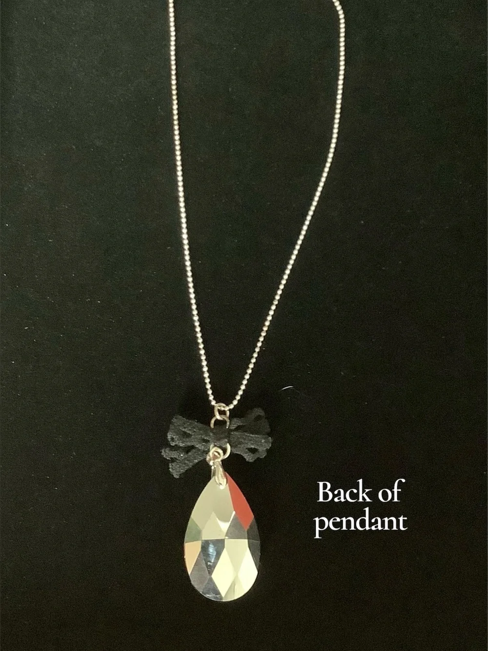Vintage 90s Smoky Black Faceted Teardrop Pendant Necklace Lace Bow